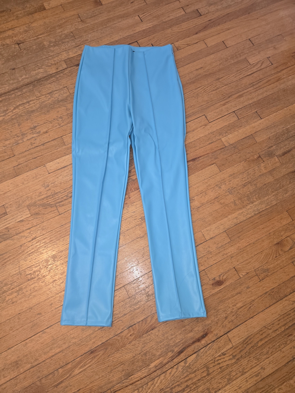 Cropped High-Waist Faux Leather Straight Leg Pants in Bright Turquoise